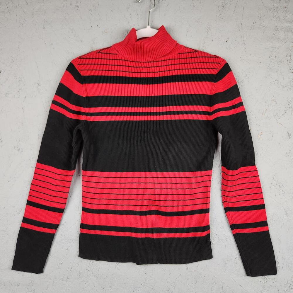 Vintage B Moss Sweater Womens Medium Red Black Stripe Turtleneck Ribbed Knit 90s
